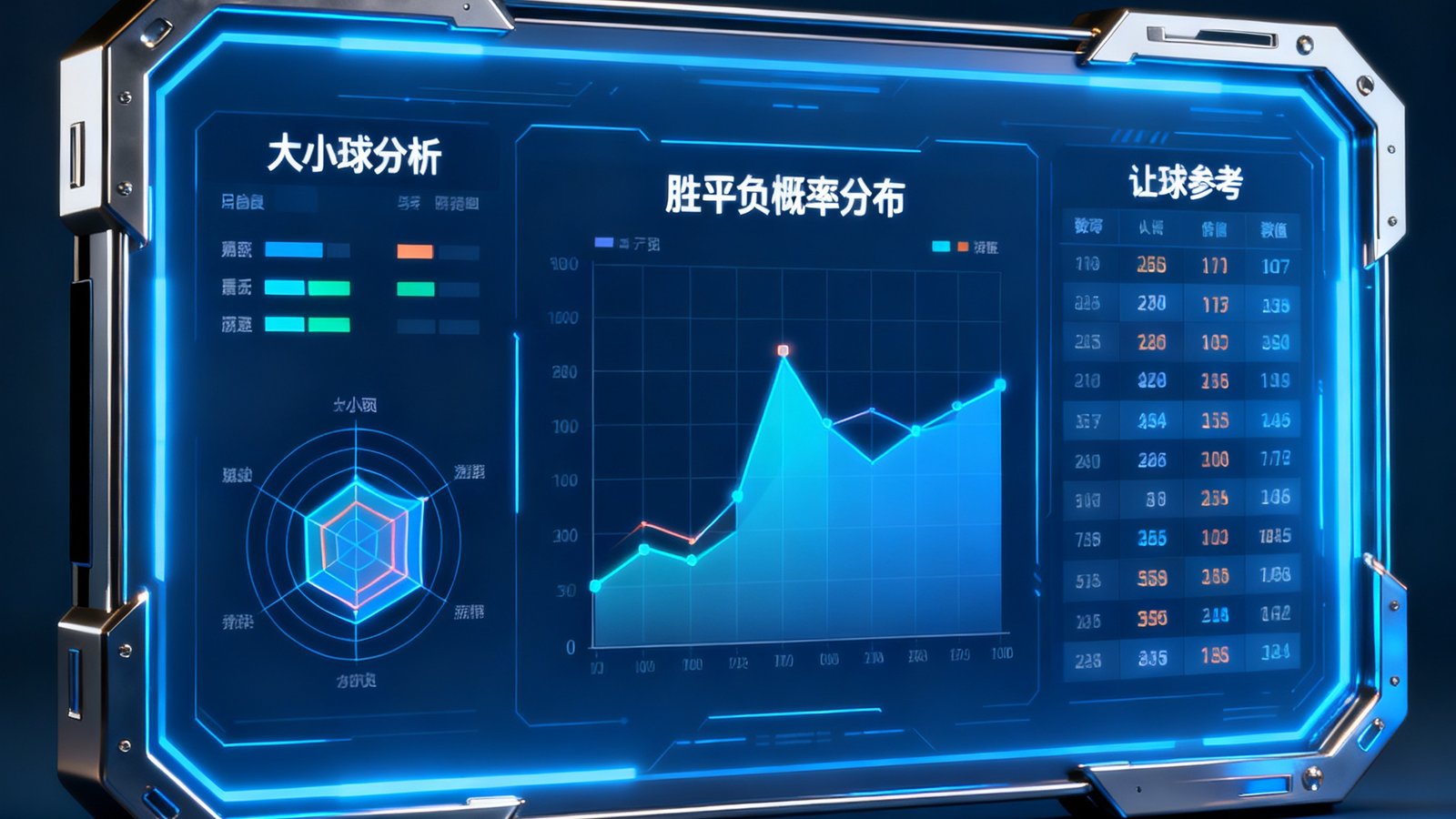 智能数据预测系统界面展示，显示胜平负概率分布图、大小球分析雷达图和让球参考数值表，界面设计科技感十足